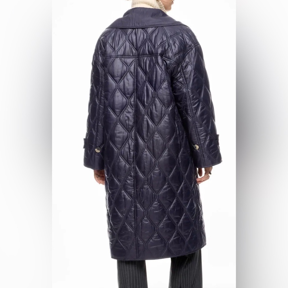 GANNI Women's Elegant Navy Shiny Quilted Coat - Picture 3 of 15